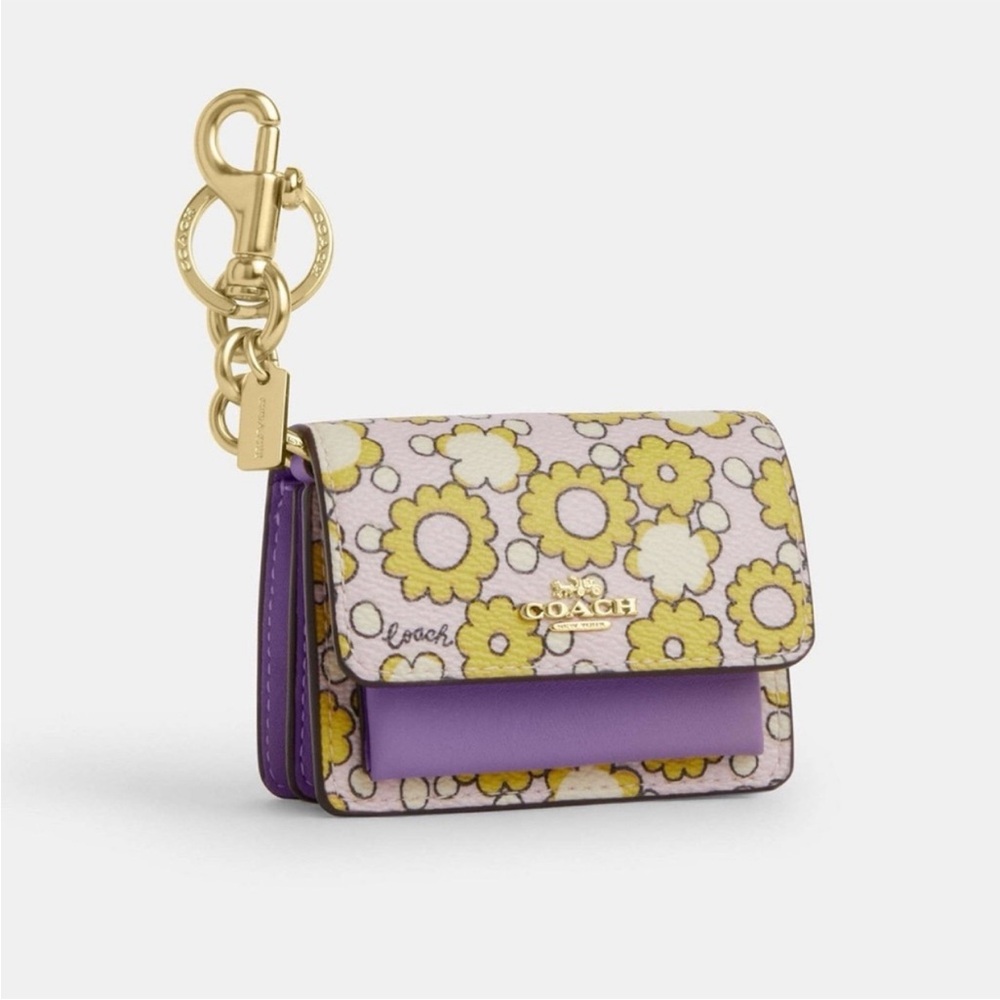 Coach Mini Klare Bag Charm in Block Floral Keychain Wallet in Purple and Yellow
